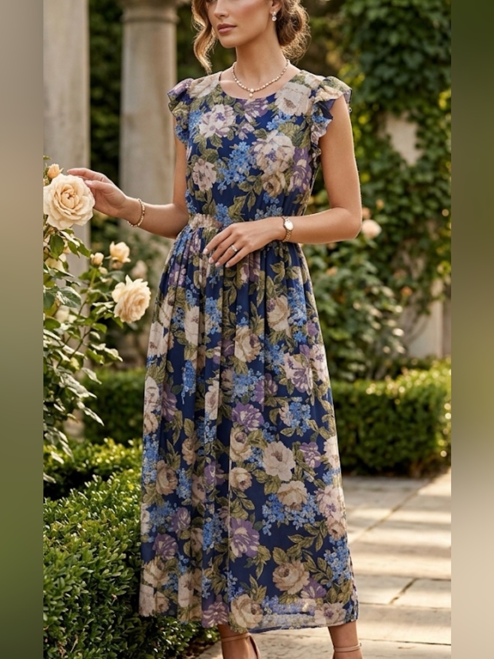 Betseys Boutique Shop Les Amis Floral Maxi Dress Navy‎ Blue Flutter Sleeve L NEW